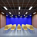 Wooden Lattice Wall Music Studio With Gray Floor Desk Computers And Blue Chair