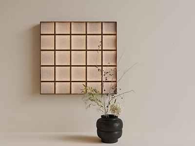Square Grid Wall Lamp Warm Light Glowing on Beige Wall with Black Vase Dried Flowers 3d model