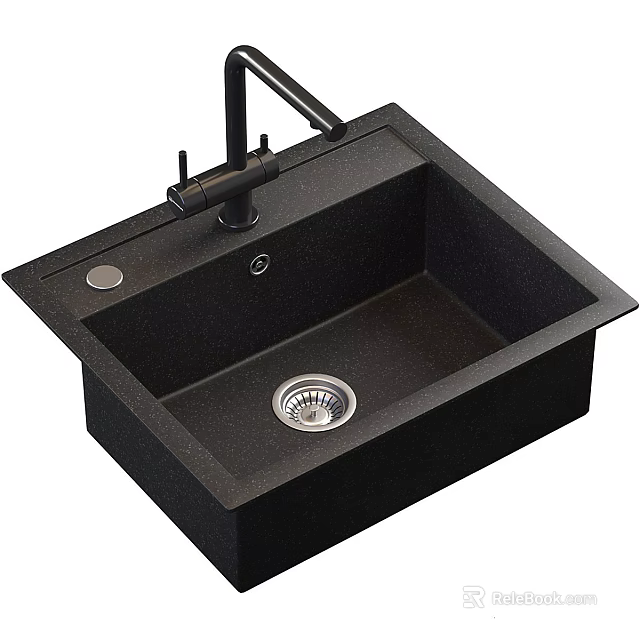 Black Square Single Bowl Kitchen Sink With Faucet And Drain 3d model 
