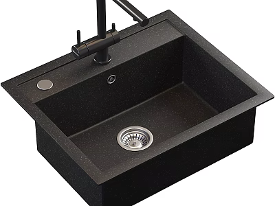 Black Square Single Bowl Kitchen Sink With Faucet And Drain 3d model