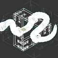 Reptilian Orange Snake Coiled Around Gray Cube Structure in 3D Art Design