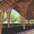 Wooden Arched Entrance Gate With Honeycomb Ceiling And Surrounding Green Plants
