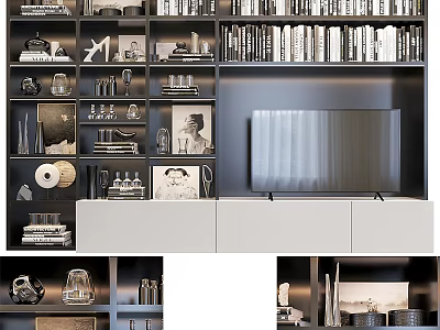 Modern Bookcase Design With Open Shelves Stacked Books And Decorative Items 3d model