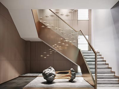 Modern Staircase Interior With Glass Railing Metal Frame Pendant Lights And Decorative Sculpture 3d model