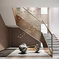 Modern Staircase Interior With Glass Railing Metal Frame Pendant Lights And Decorative Sculpture
