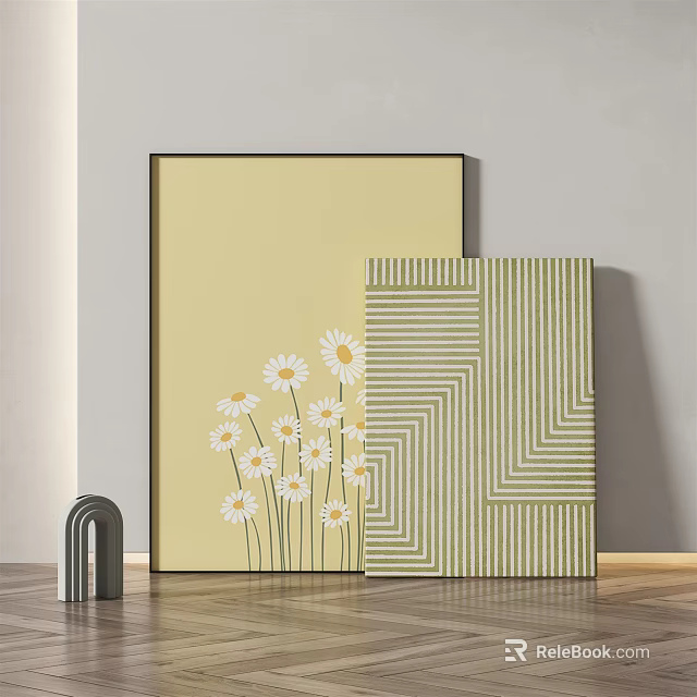 Yellow Daisies And Striped Pattern Decorative Paintings With Arched Decor In Interior 3d model