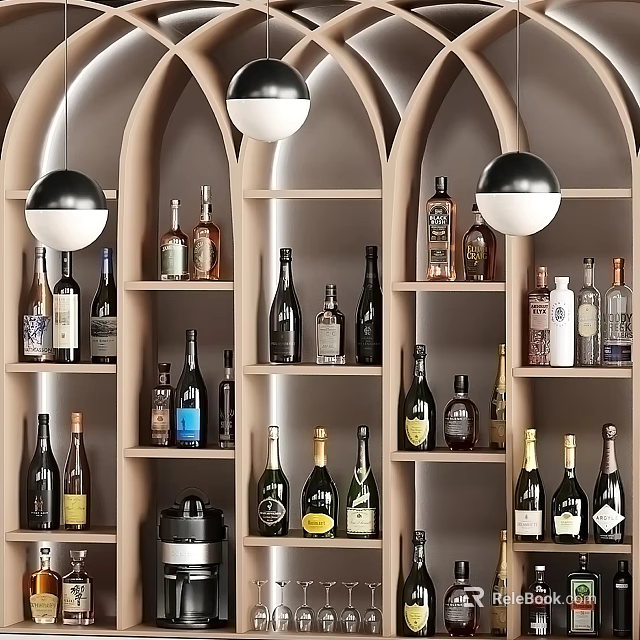 Wine Bottles Display On Shelves With Hanging Lights 3d model