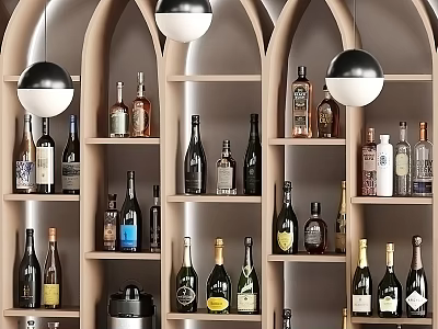 Wine Bottles Display On Shelves With Hanging Lights 3d model