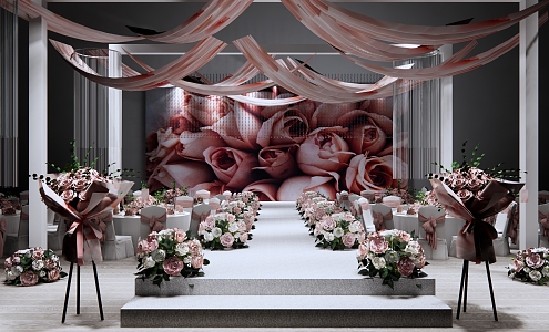 Modern Wedding Scene Wedding Hotel Banquet Hall Wedding Beautiful Chen Bouquet Pink Rose Wedding Decoration Bouquet Wedding Ornaments 3d model