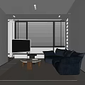 Modern Living Room Interior Design With Navy Blue Sofa TV And Window Blinds