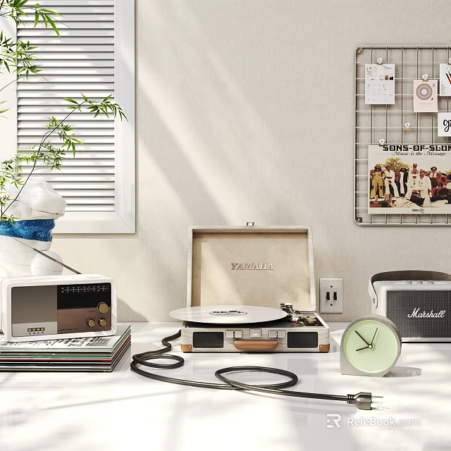 Retro Headphones and Speakers with Turntable Clock and Audio Equipment Setup 3d model 