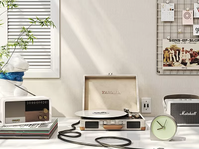 Retro Headphones and Speakers with Turntable Clock and Audio Equipment Setup 3d model