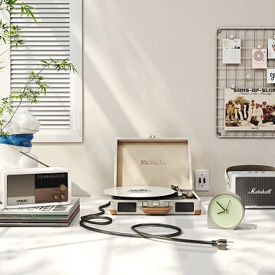 Retro Headphones and Speakers with Turntable Clock and Audio Equipment Setup 3d model