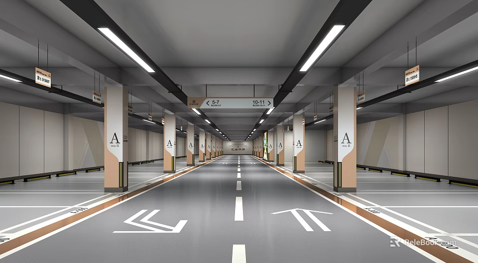 Spacious Parking Garage Interior With Clear Arrow Signs Column Markers And Bright Overhead Lighting 3d model 