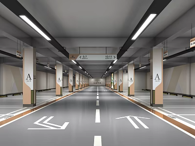 Spacious Parking Garage Interior With Clear Arrow Signs Column Markers And Bright Overhead Lighting 3d model