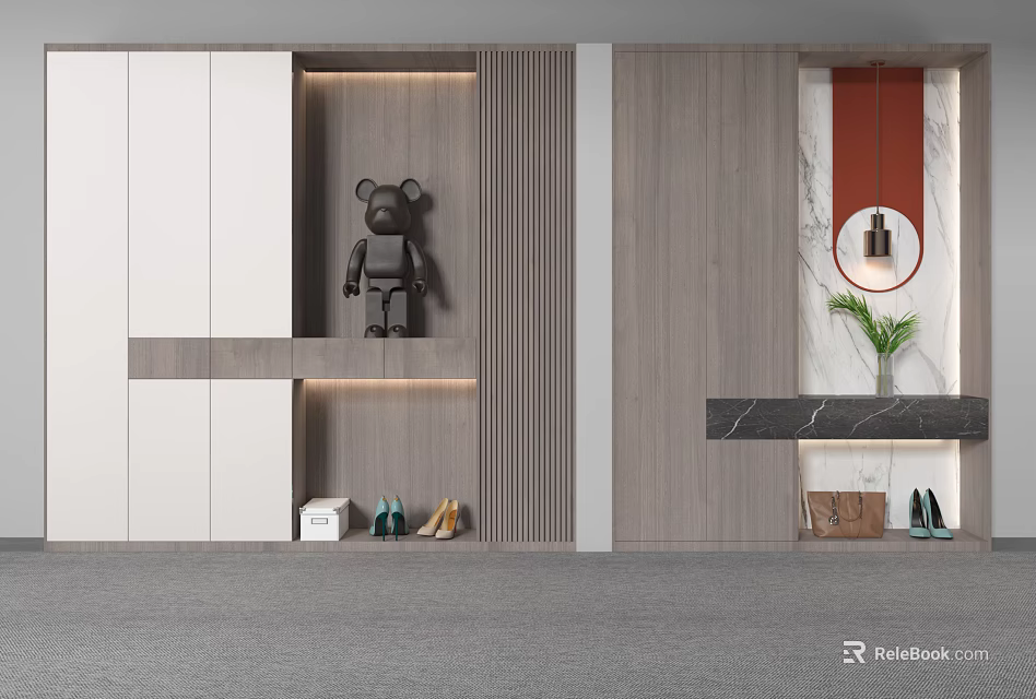 Modern Shoe Cabinet With White And Wooden Open Storage Decorative Figurine Round Mirror And Shoes 3d model 