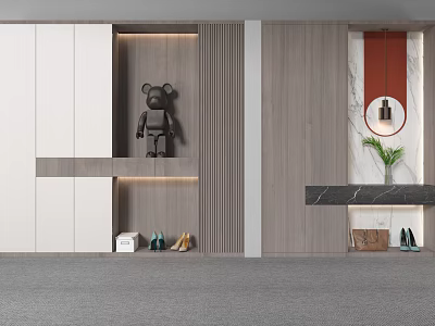 Modern Shoe Cabinet With White And Wooden Open Storage Decorative Figurine Round Mirror And Shoes 3d model