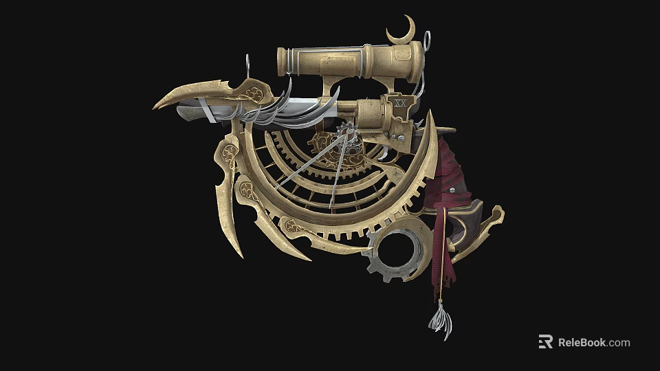 Intricate Mechanical Weapon With Gears Telescope Crescent Moon Feather And Gear Structure 3d model 