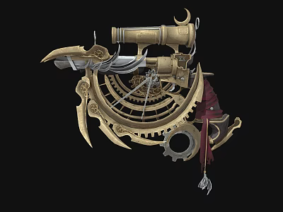 Intricate Mechanical Weapon With Gears Telescope Crescent Moon Feather And Gear Structure 3d model