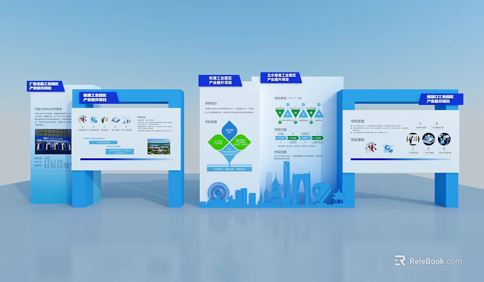 Event Display Wall With Multiple Panels Infographics Icons And City Silhouettes 3d model 