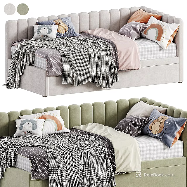 Modern Upholstered Sofa Bed With Cozy Blankets And Decorative Pillows Design 3d model 
