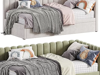 Modern Upholstered Sofa Bed With Cozy Blankets And Decorative Pillows Design 3d model