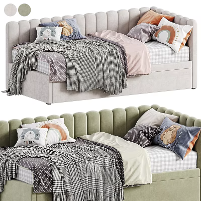 Modern Upholstered Sofa Bed With Cozy Blankets And Decorative Pillows Design 3d model