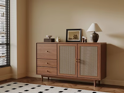 Wooden Entryway Sideboard with Drawers Rattan Doors and Decorative Lamp Photo Frame 3d model