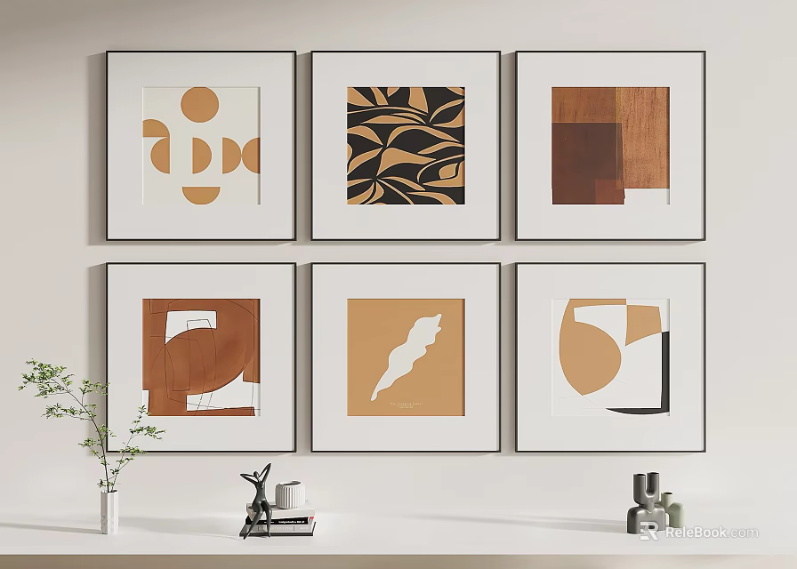 Modern Wall Art Decor With Six Framed Prints Geometric Leaf Wooden Patterns And Shelf Ornaments 3d model 