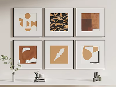 Modern Wall Art Decor With Six Framed Prints Geometric Leaf Wooden Patterns And Shelf Ornaments 3d model