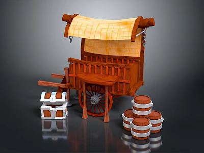 Vintage Wooden Cart with Canvas Roof Red Wheels Crates and Barrels 3d model