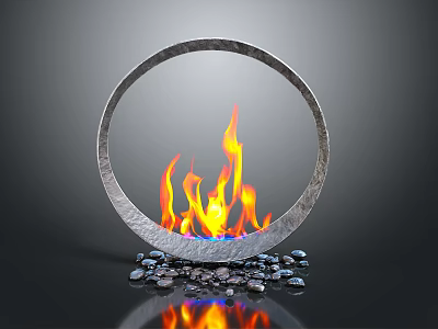 Decorative Garden Decor With Circular Metal Frame Flames And Stones 3d model