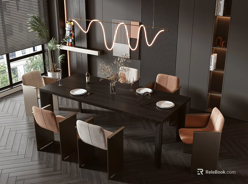 Modern Dining Table Set with Beige Brown Chairs Wavy Neon Light Potted Plant Dark Wall 3d model 