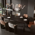 Modern Dining Table Set with Beige Brown Chairs Wavy Neon Light Potted Plant Dark Wall
