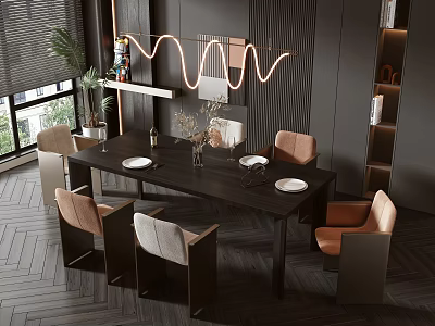 Modern Dining Table Set with Beige Brown Chairs Wavy Neon Light Potted Plant Dark Wall 3d model