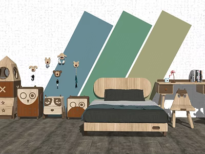 Wooden Kids Bed With Cartoon Decor Colorful Walls Study Desk And Storage Cabinets 3d model