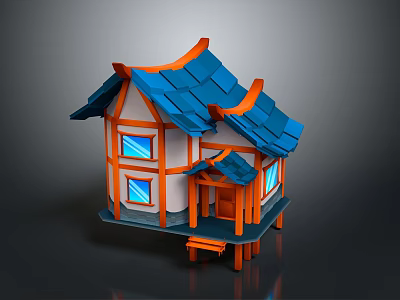 Cartoon House Scene with Blue Roof Orange Trim White Walls Windows and Small Steps 3d model