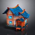 Cartoon House Scene with Blue Roof Orange Trim White Walls Windows and Small Steps
