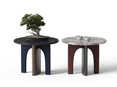 Modern Side Tables With Black And Marble Tops Bonsai Plant And Cups 3d model