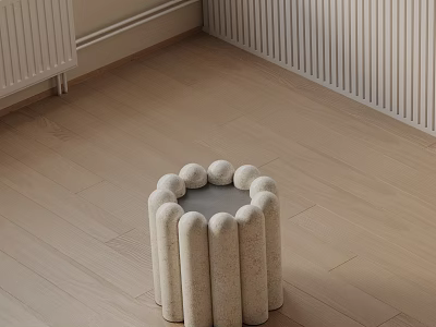 Modern Minimalist Side Table With Round Sandstone Top And Curved Beige Legs On Wooden Floor 3d model