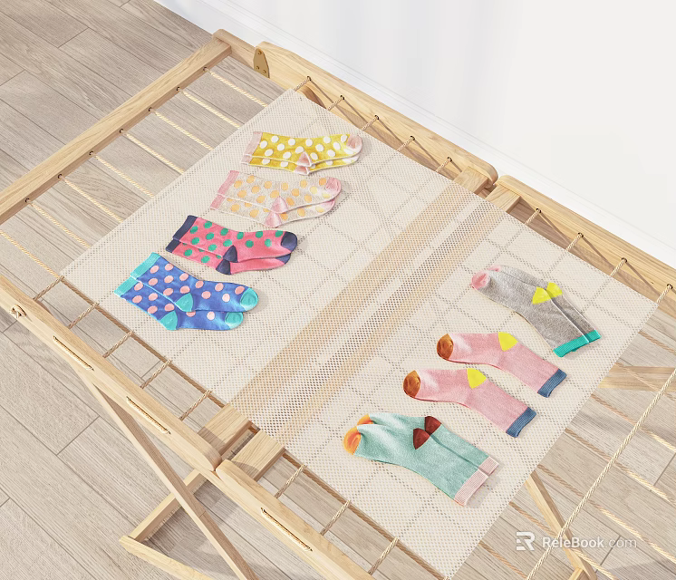 Colorful Patterned Socks Laid Out On Wooden Drying Rack With Mesh Cloth 3d model 