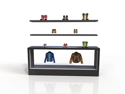 Modern Black Multi Tiered Display Shelf with Colorful Shoes and Jackets 3d model