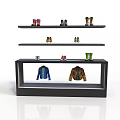 Modern Black Multi Tiered Display Shelf with Colorful Shoes and Jackets
