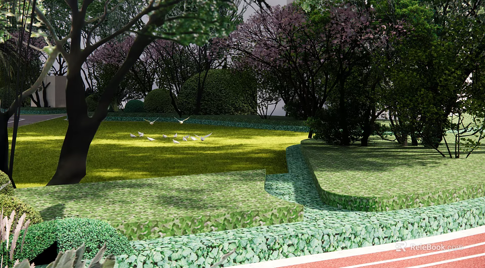 Residential Landscape With Sunlit Green Lawn Trees Bushes And Flying Birds 3d model 