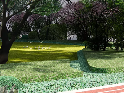 Residential Landscape With Sunlit Green Lawn Trees Bushes And Flying Birds 3d model