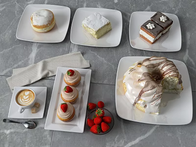 Delicious Assorted Cream Cakes Fresh Strawberries Latte Coffee and Swirl Pastry 3d model