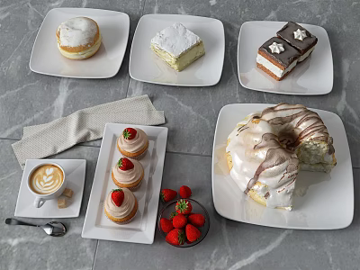 Delicious Assorted Cream Cakes Fresh Strawberries Latte Coffee and Swirl Pastry 3d model Delicious Assorted Cream Cakes Fresh Strawberries Latte Coffee and Swirl Pastry 3d model