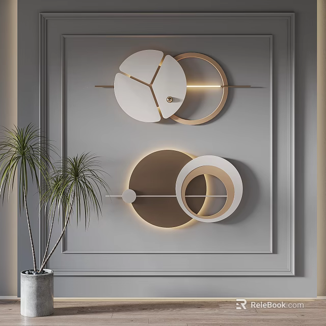 Modern Circular Geometric Wall Decor Illuminated On Minimalist Grey Wall With Potted Palm 3d model 