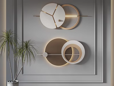 Modern Circular Geometric Wall Decor Illuminated On Minimalist Grey Wall With Potted Palm 3d model