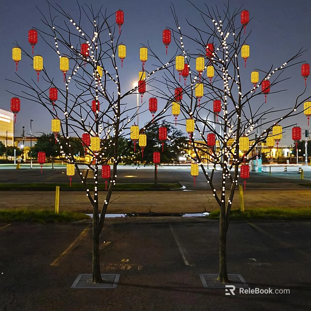 Red and Yellow Lanterns Hanging on Trees With String Lights at Night 3d model